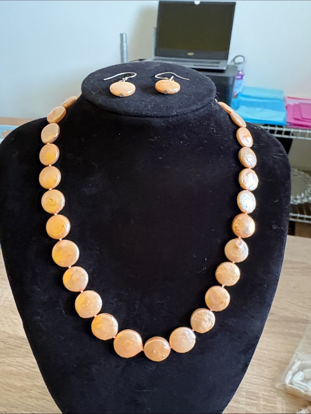 Golden peach coloured coin pearl necklace, and earrings 925